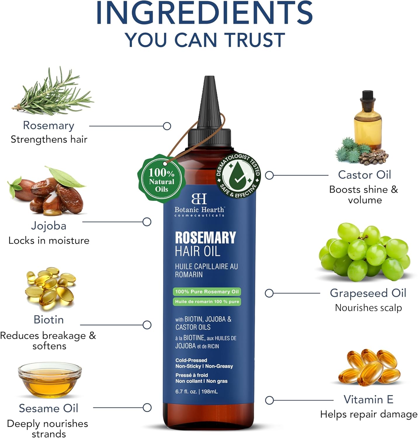 Botanic Hearth 100% Pure Rosemary Oil For Hair Growth (6.7 fl oz) Infused With Biotin, Jojoba & Castor Oil | Hair strengthening Treatment | Nourishing & Volumizing | Non GMO Verified