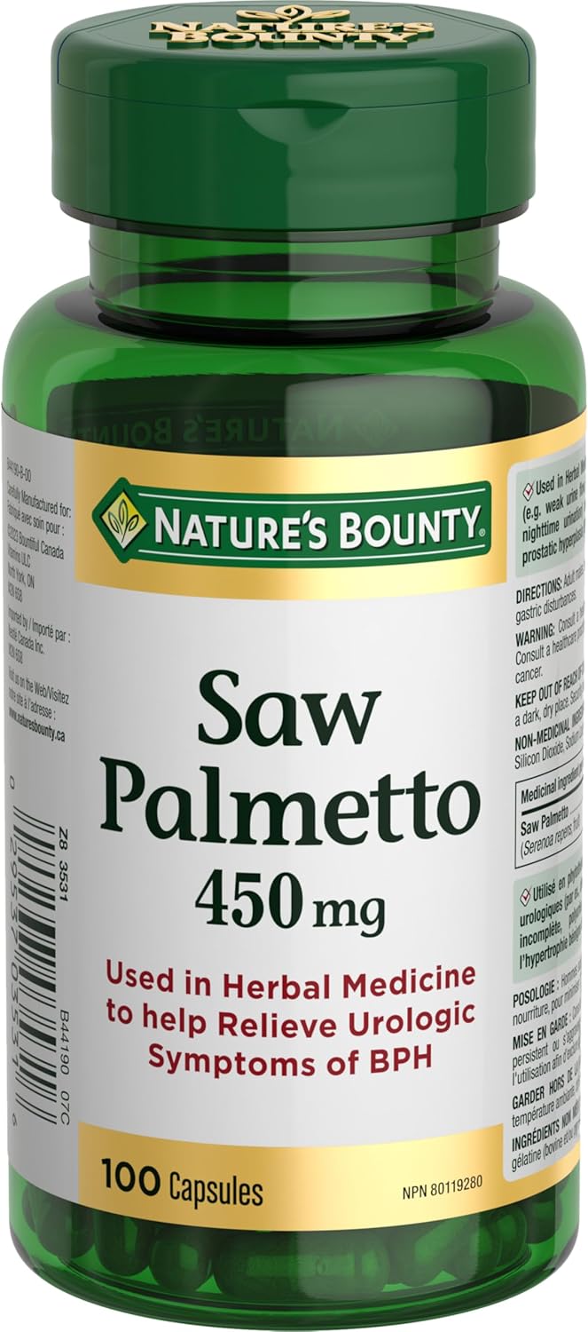 NATURES BOUNTY Saw Palmetto, 450 mg, Used in Herbal Medicine to Help Relieve Urologic Symptoms Of Mild To Moderate BPH Like Weak Urine Flow, Incomplete Voiding, And Frequent Urination, Capsules, 54.6 g