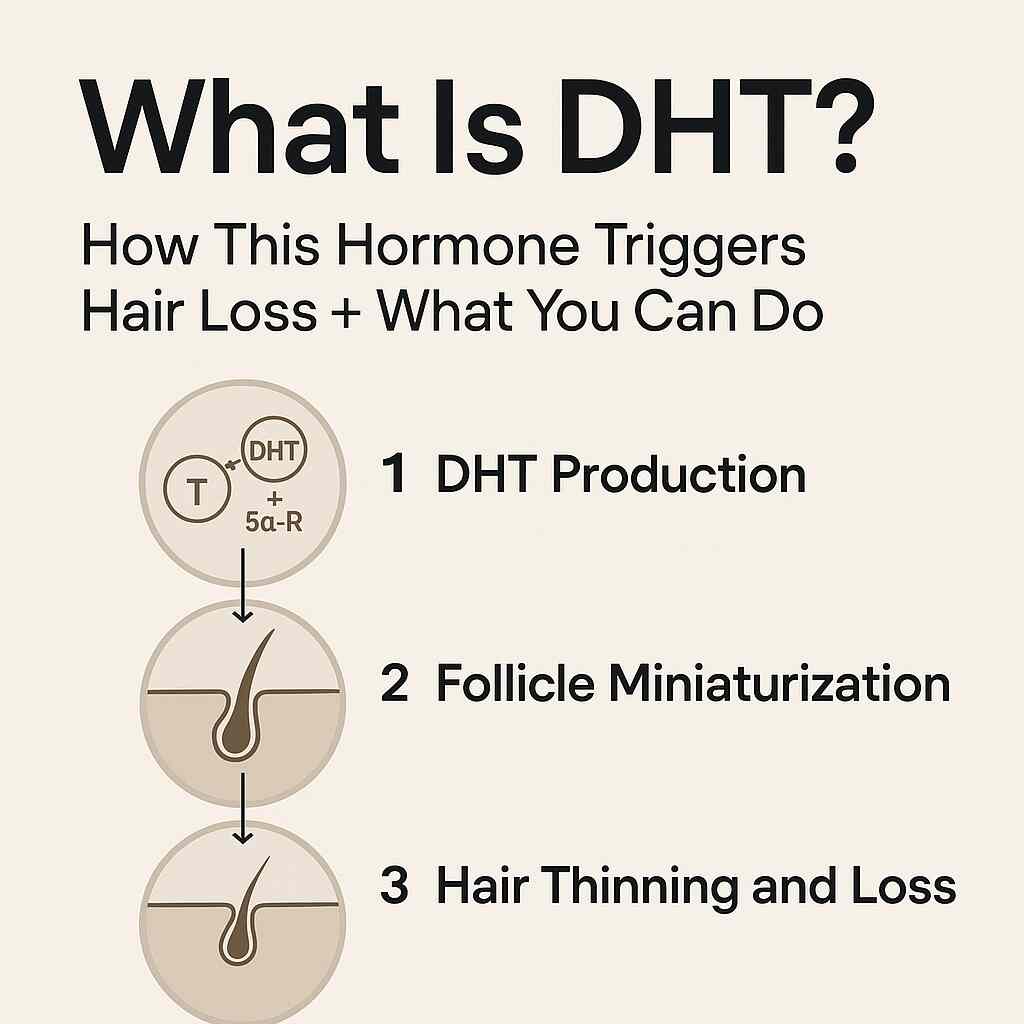 “What Is DHT?” explaining how dihydrotestosterone causes hair loss in three stages: DHT production, follicle miniaturization, and hair thinning, with clean diagrams of the scalp.