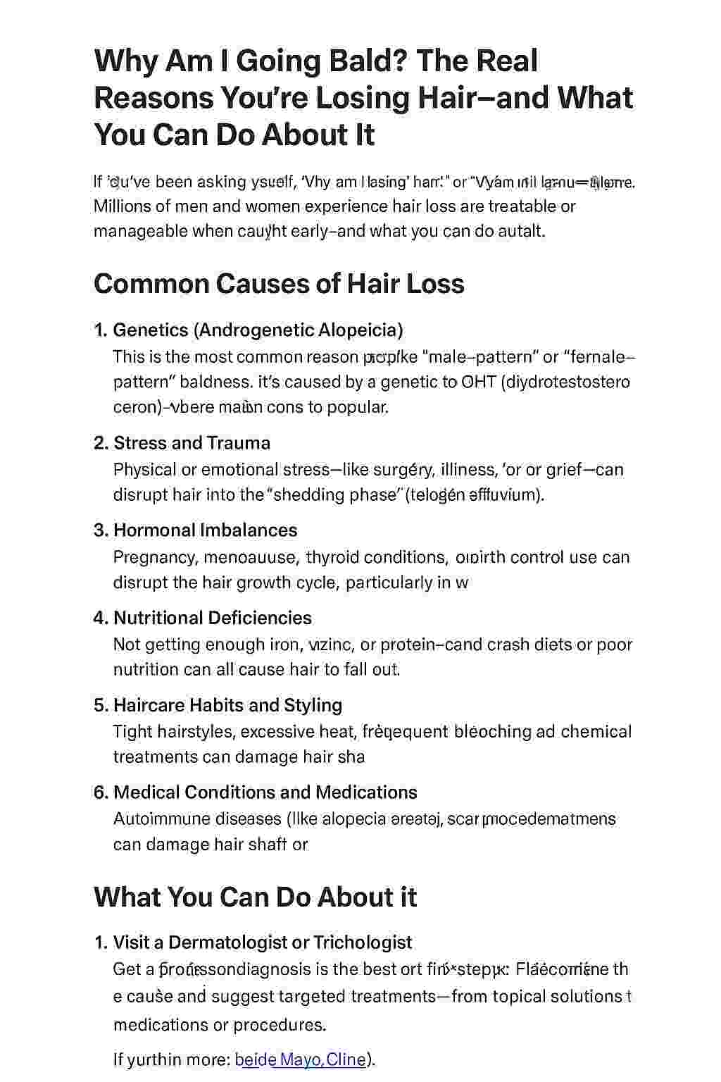 Why Am I losing hair?  from HairDaily.net, outlining common causes of hair loss and practical solutions for men and women, including genetics, stress, hormones, and treatment options.