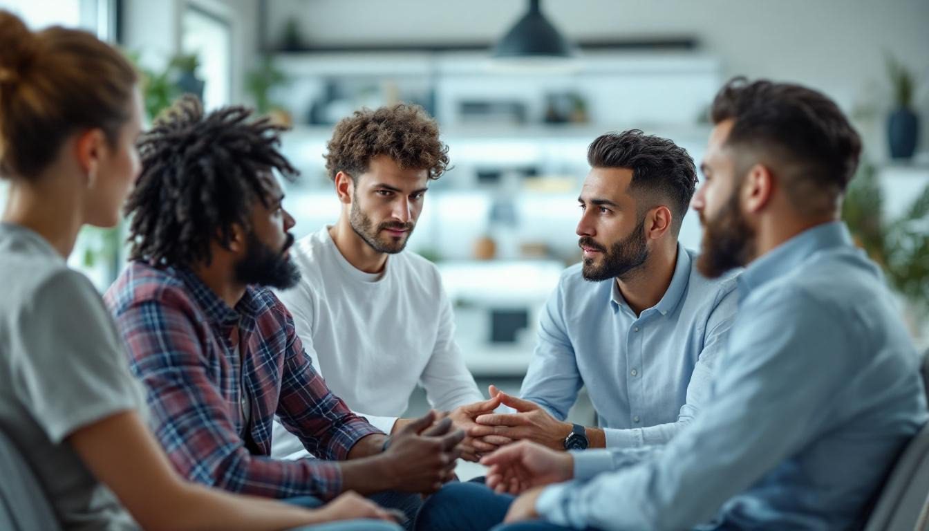a group of men sitting in a circle discussing hair transplants for black men