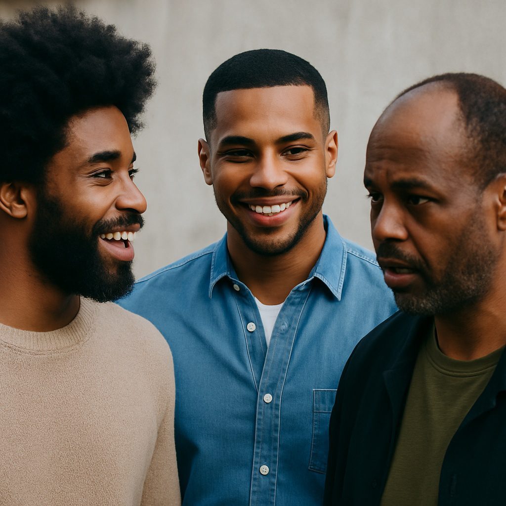 Black men discussing hair transplants — one with an afro, one with a defined hairline, and one with visible hair loss — illustrating the journey of hair transplants for Black men.