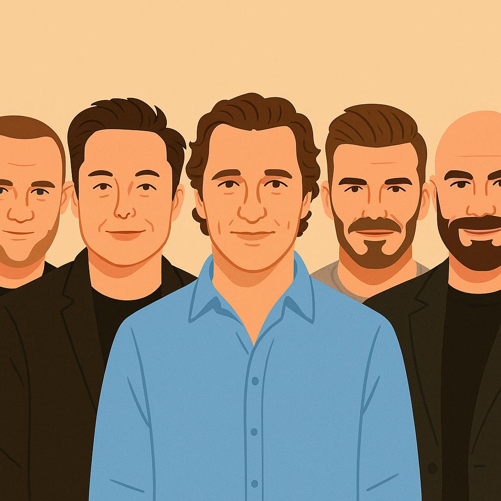 illustration of five male celebrities with different hairstyles, inspired by famous hair transplant cases.”