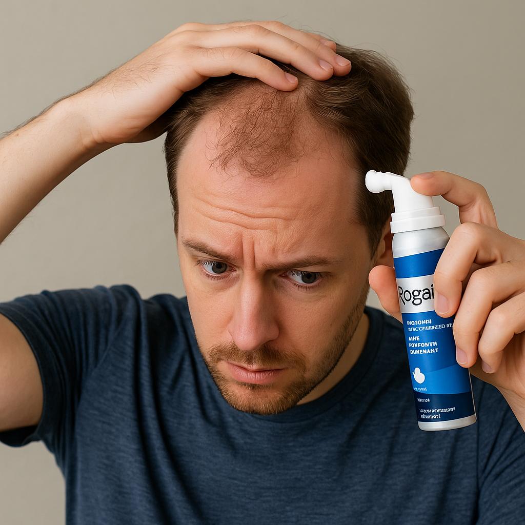 A man applying Rogaine foam to his thinning hairline with a focused expression, illustrating proper Rogaine usage for hair loss treatment.