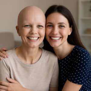 Cancer patient experiencing hair loss during chemotherapy smiling warmly with a supportive family member, showing hope and strength
