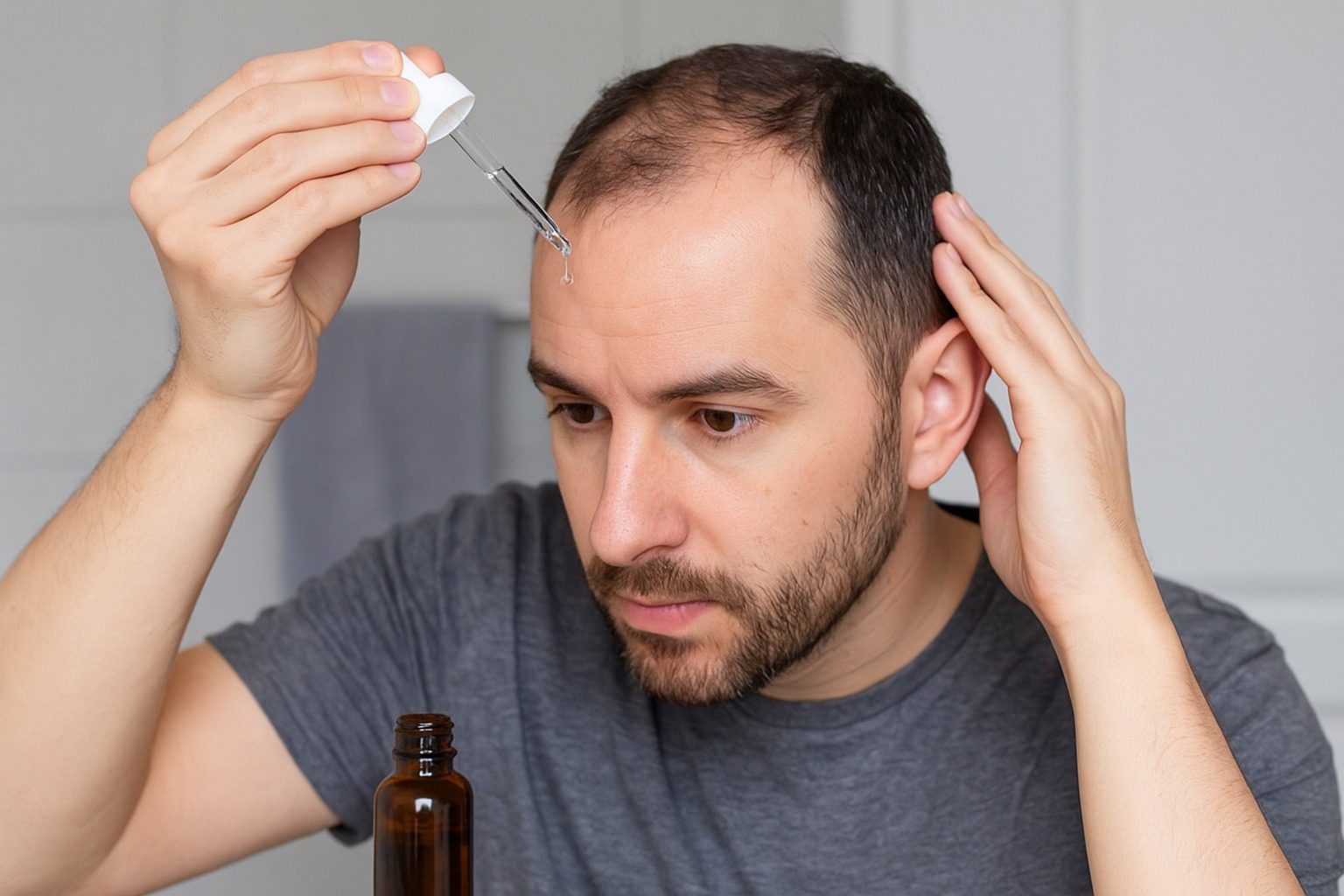 man applying minoxidil after microneedling for hair growth