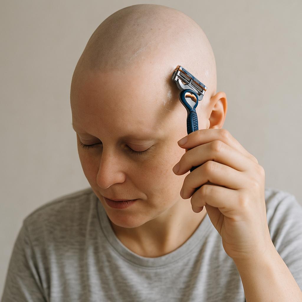 Woman experiencing hair loss during chemotherapy confidently shaving her head in front of a mirror, symbolizing strength, acceptance, and resilience.