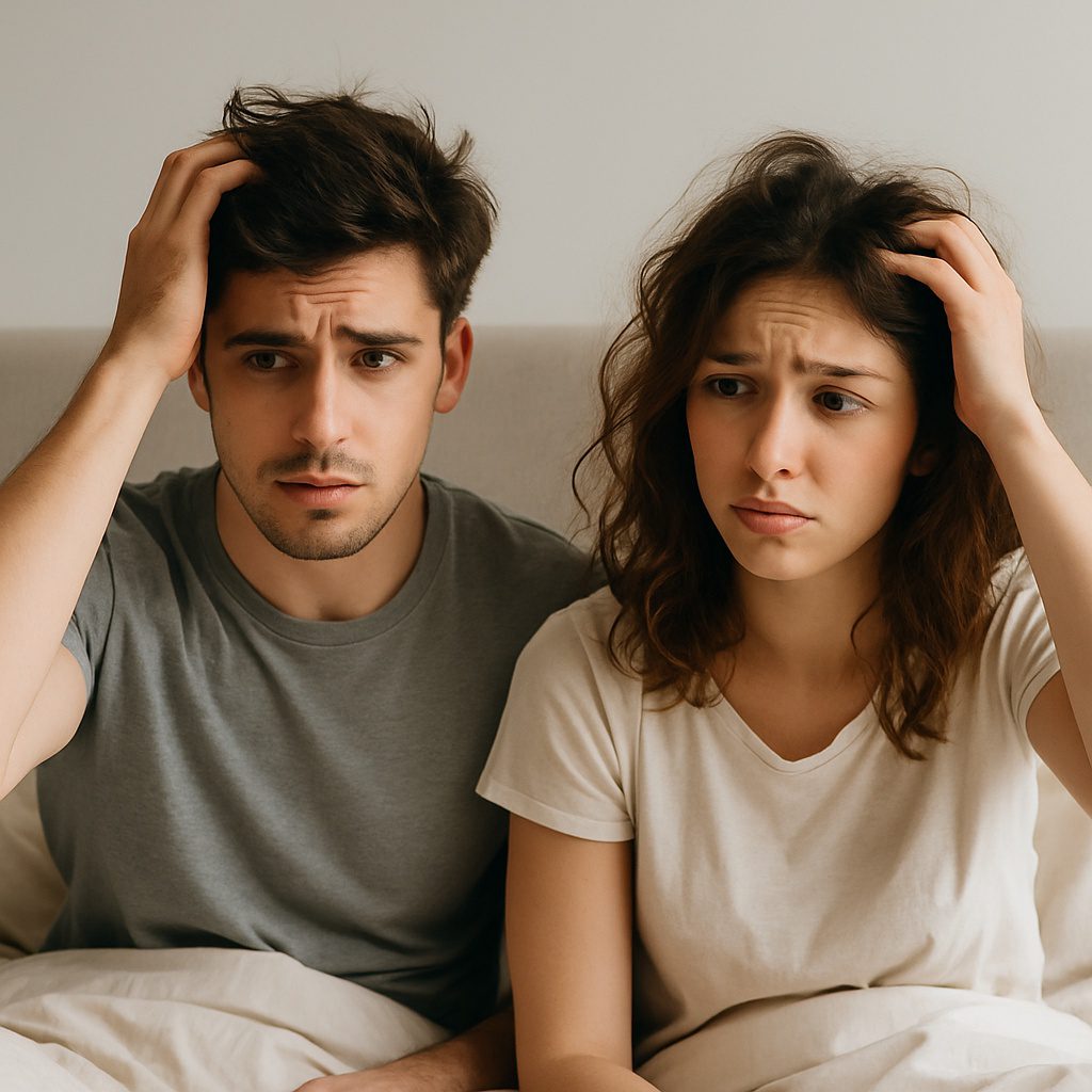 Sleep and hair loss concept — a young man and woman in their twenties sitting in bed with messy hair, looking confused and concerned in soft morning light