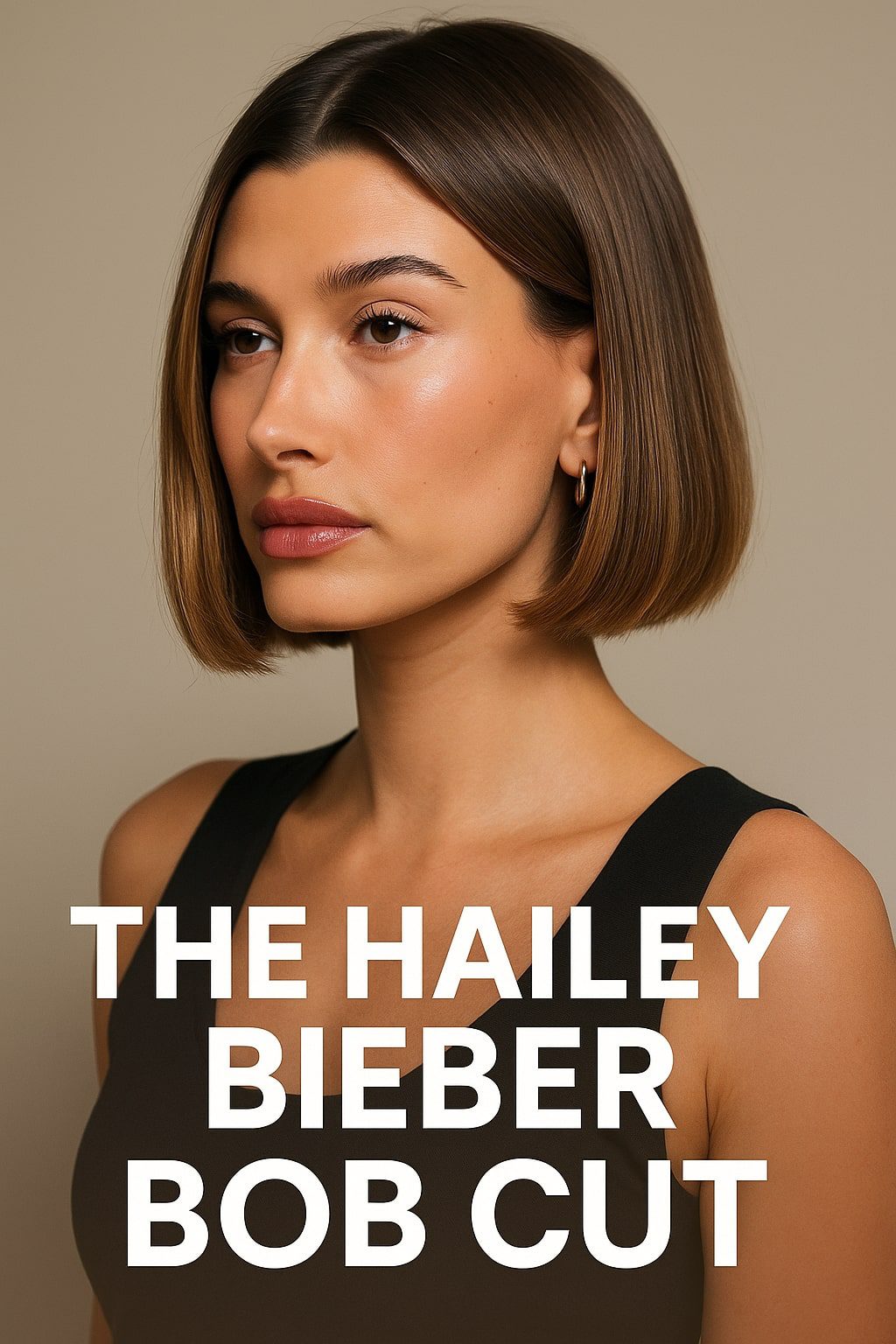 Model with a Hailey Bieber bob cut looking to the side, showcasing a smooth blunt bob hairstyle against a neutral beige backdrop.