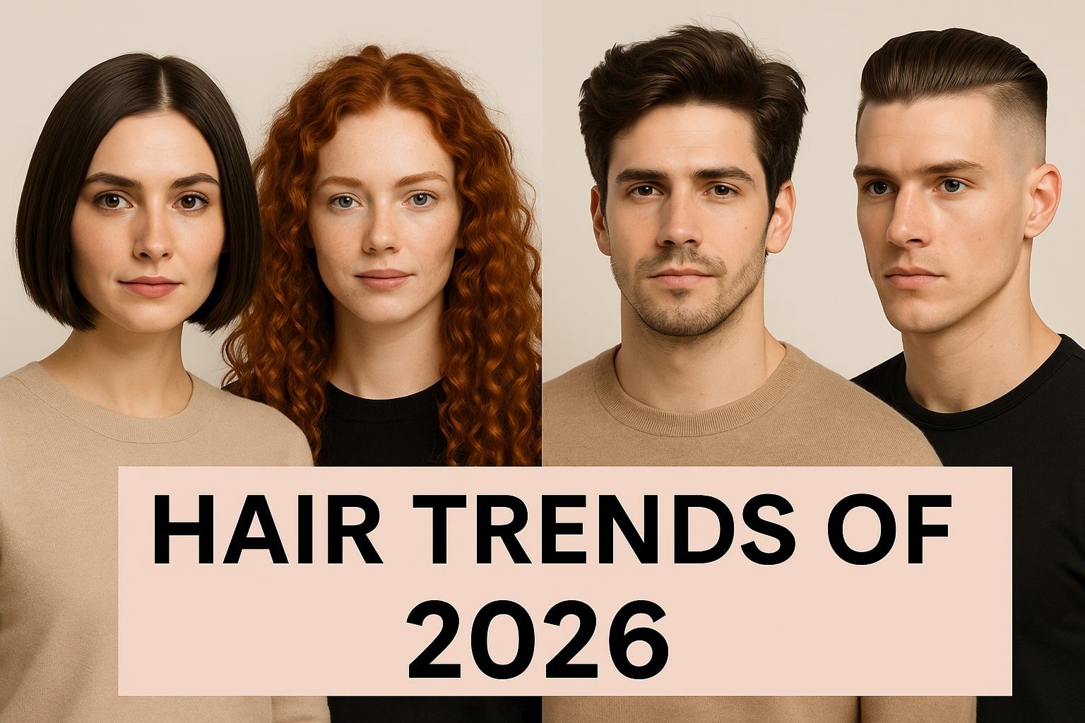 Diverse models showcasing the Hair trends of 2026 with fashionable cuts and styles, including butterfly layers, pixie cuts, airy lobs, and modern men’s hairstyles.