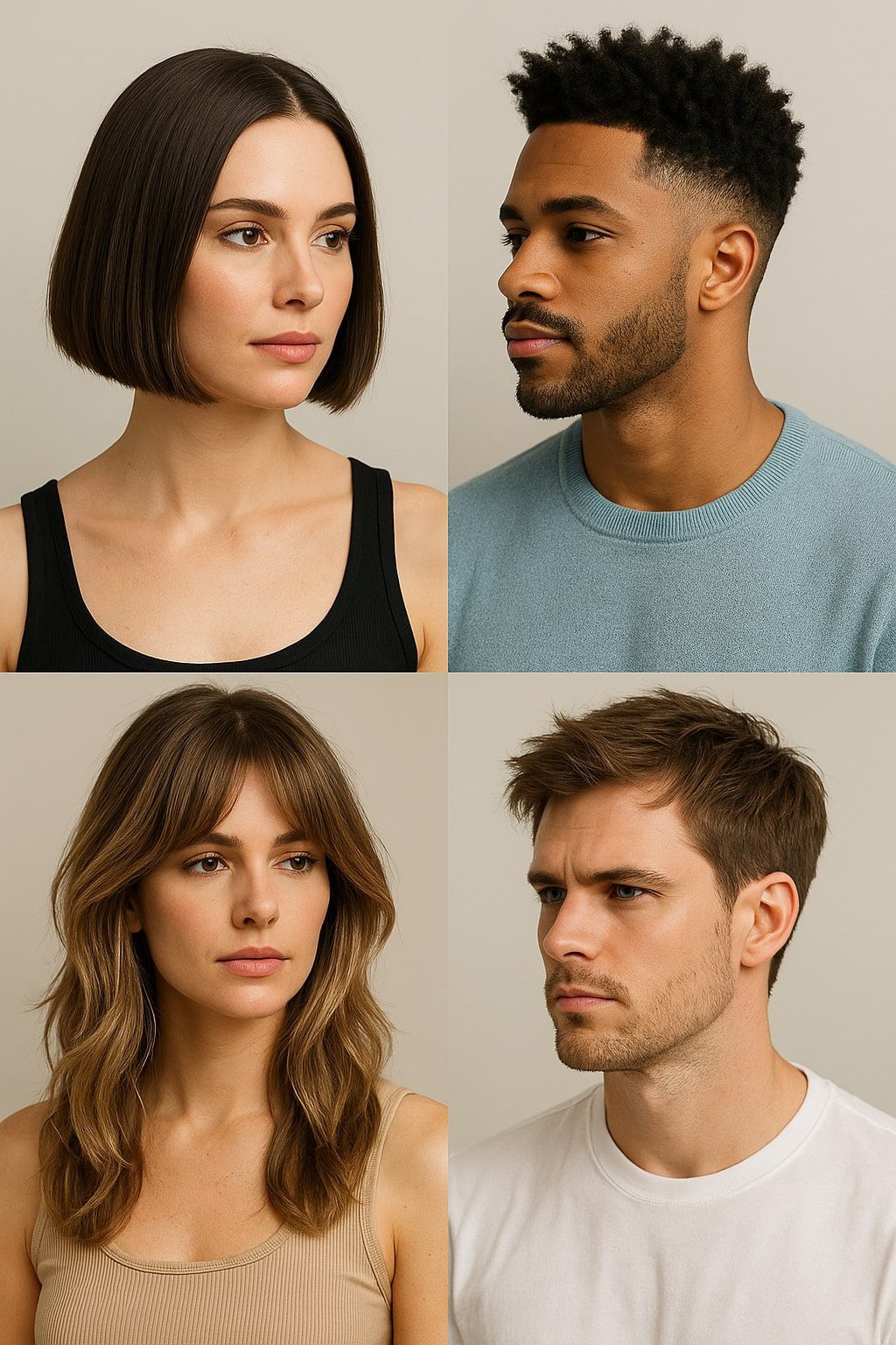 A group of diverse men and women highlighting the Hair trends of 2026, including modern cuts like the luxe bob, airy lob, shaggy layers, butterfly cut, and textured men’s styles.